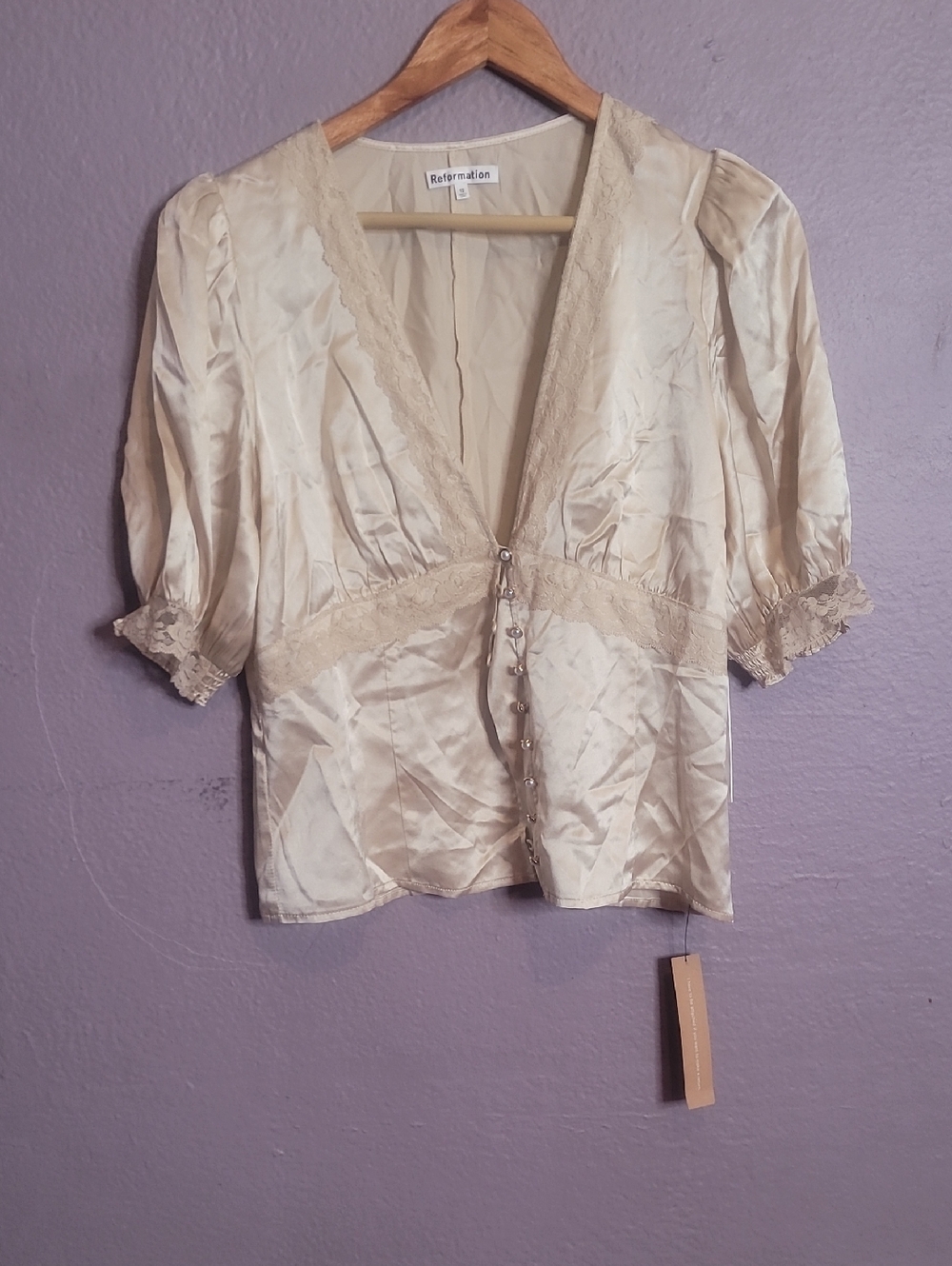 Reformation Cream Lace-Trim Silk-Look Button Blouse